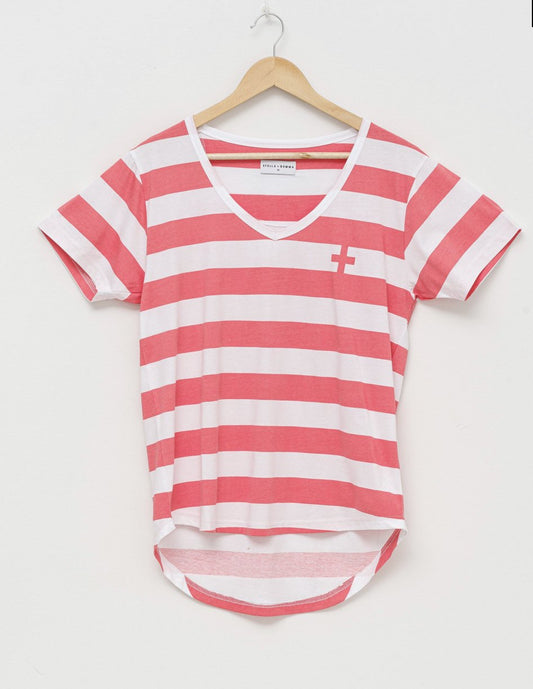 Coral Stripe V Neck Tee